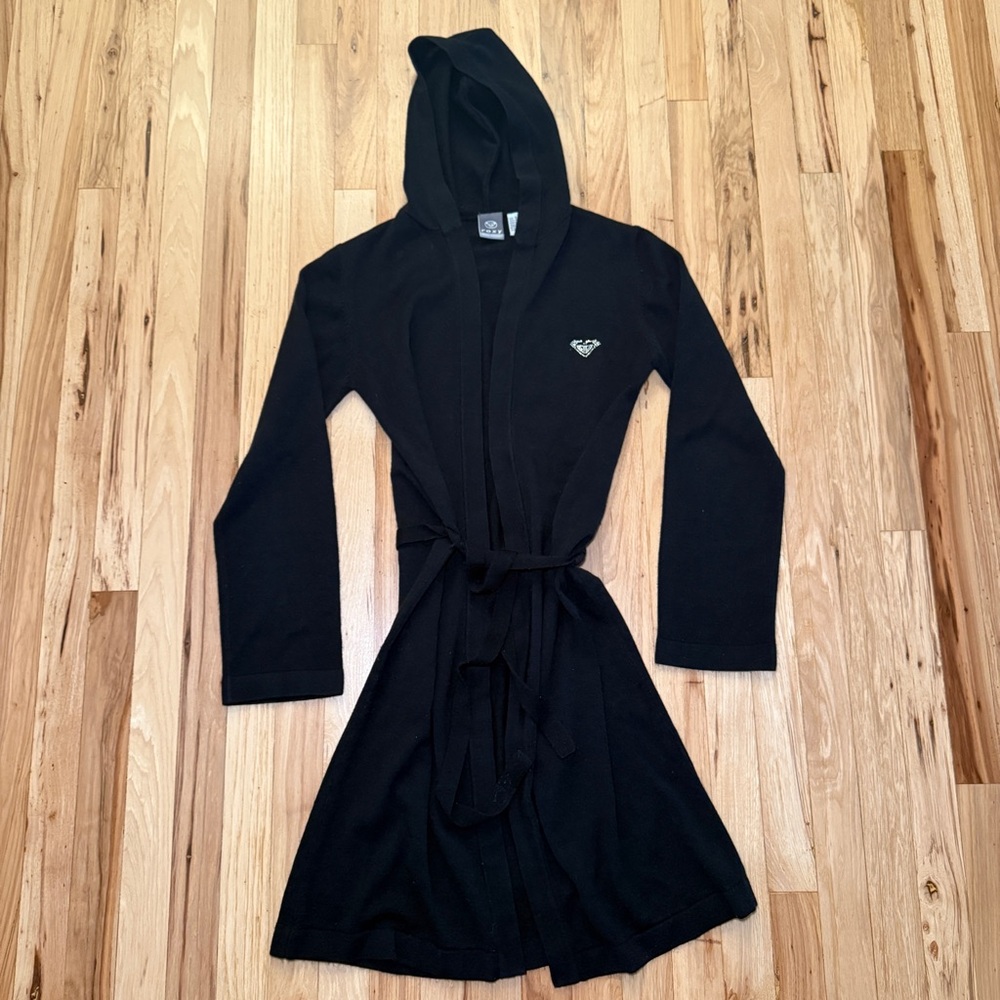 Roxy Long Hooded Cardigan Duster Sweater with Tie Belt